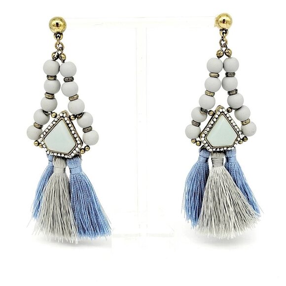 Long Boho Beaded Tassel Earrings Blue Gray Dangles Antiqued Gold Tone Pierced - Picture 2 of 5